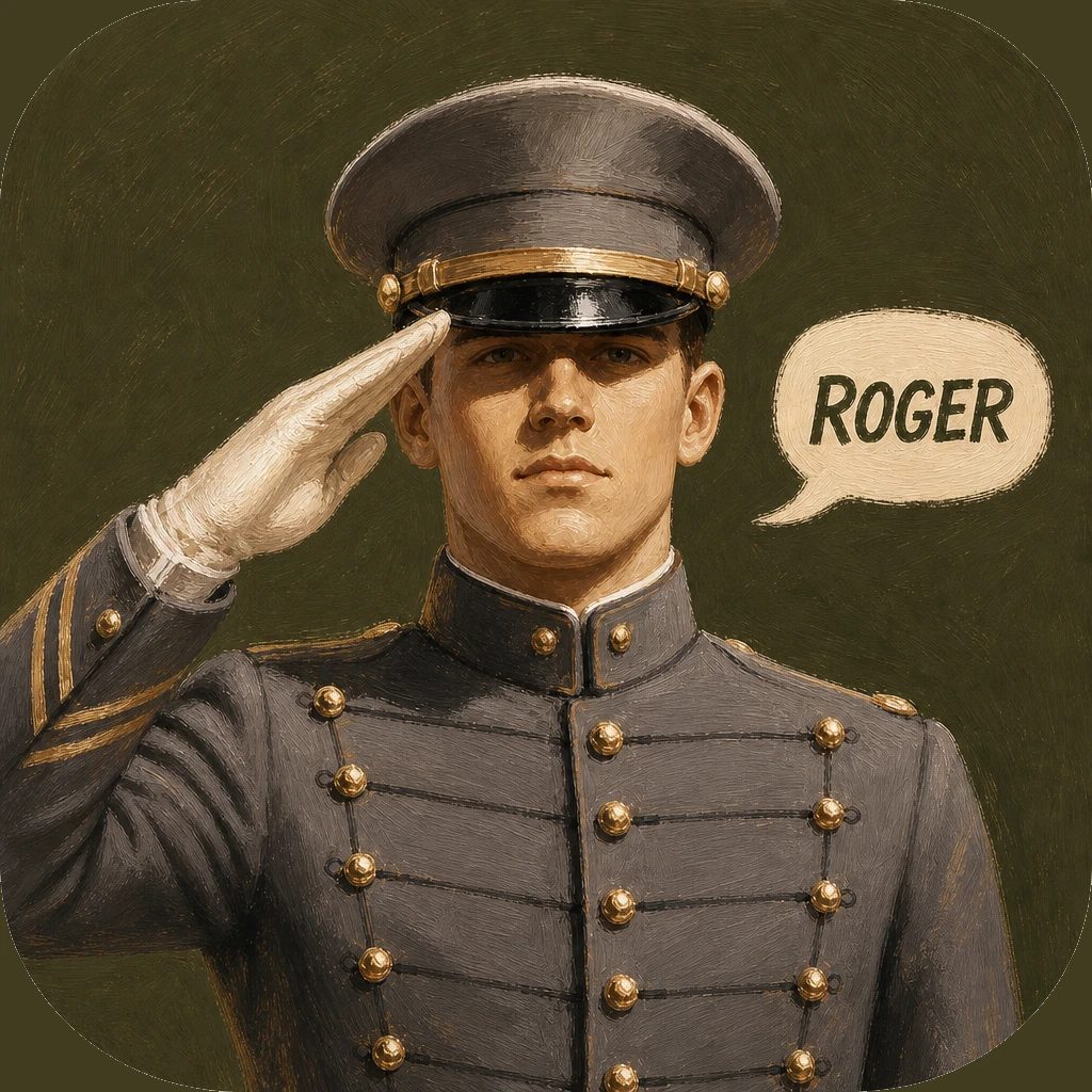 A West Point cadet giving a crisp salute against an olive-green field with the word Roger